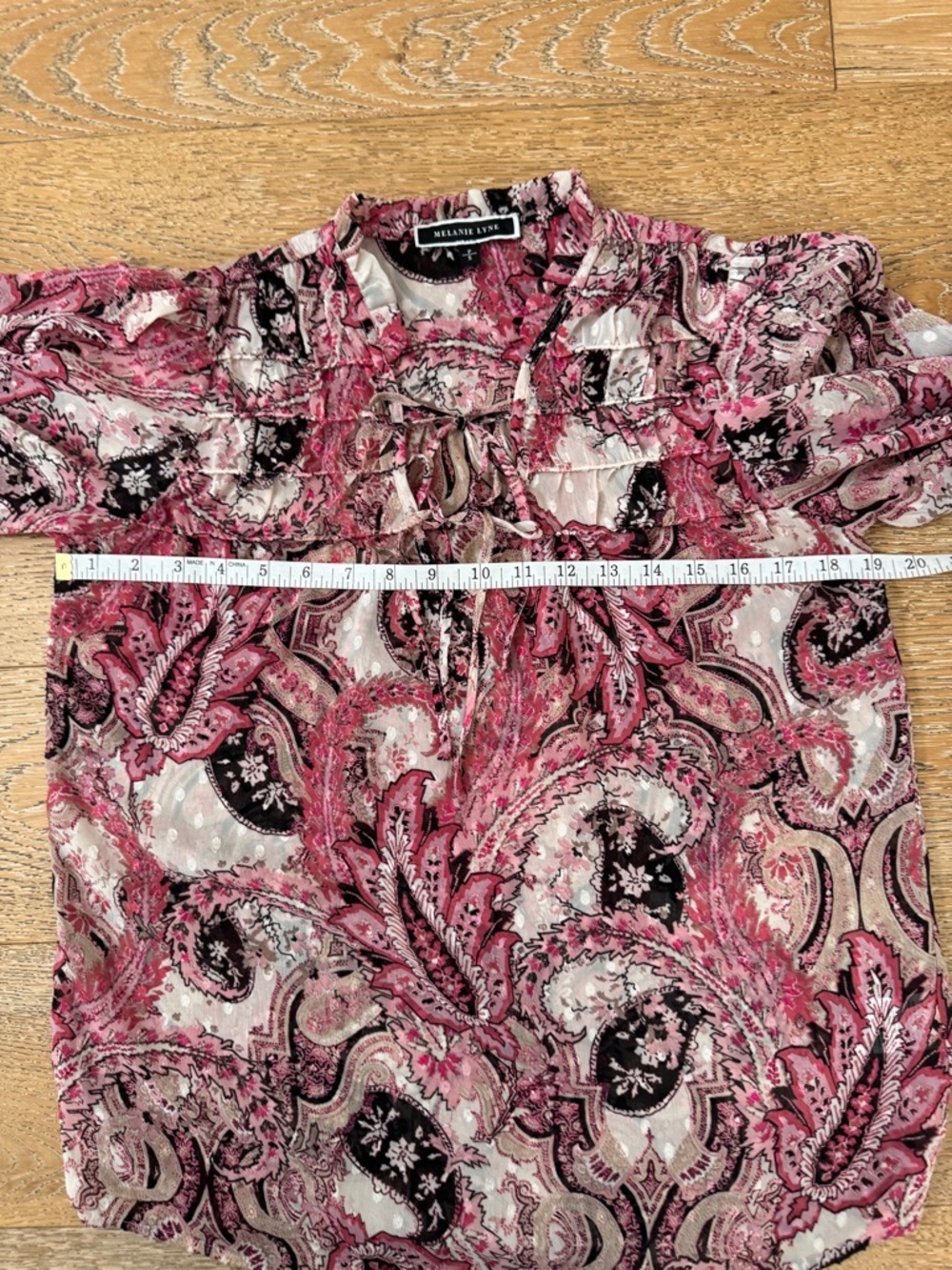 Pink Paisley Sheer Flowy Blouse Tie-Neck Long Sleeve Ruffle Trim Sz S - Picture 13 of 15